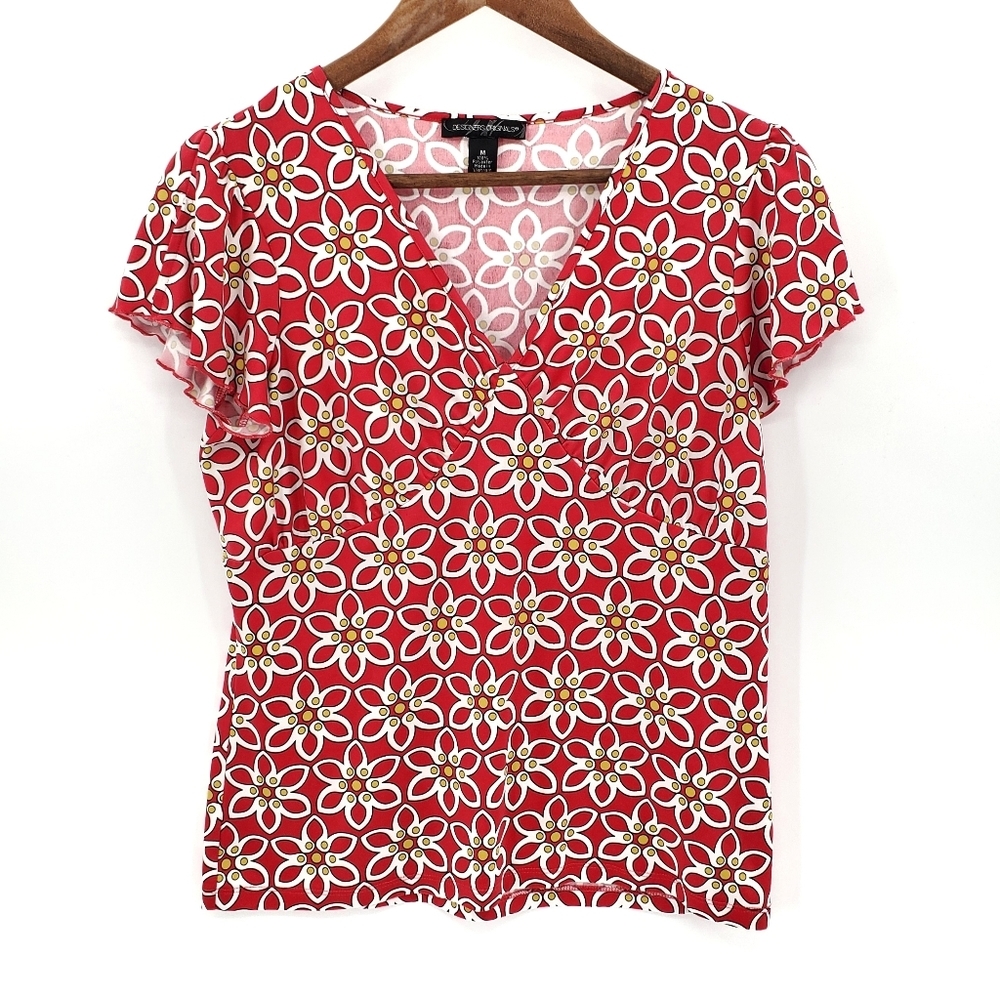 Womens Short Sleeve Foral Print V-Neck Shirt Top Size M Red Yellow White